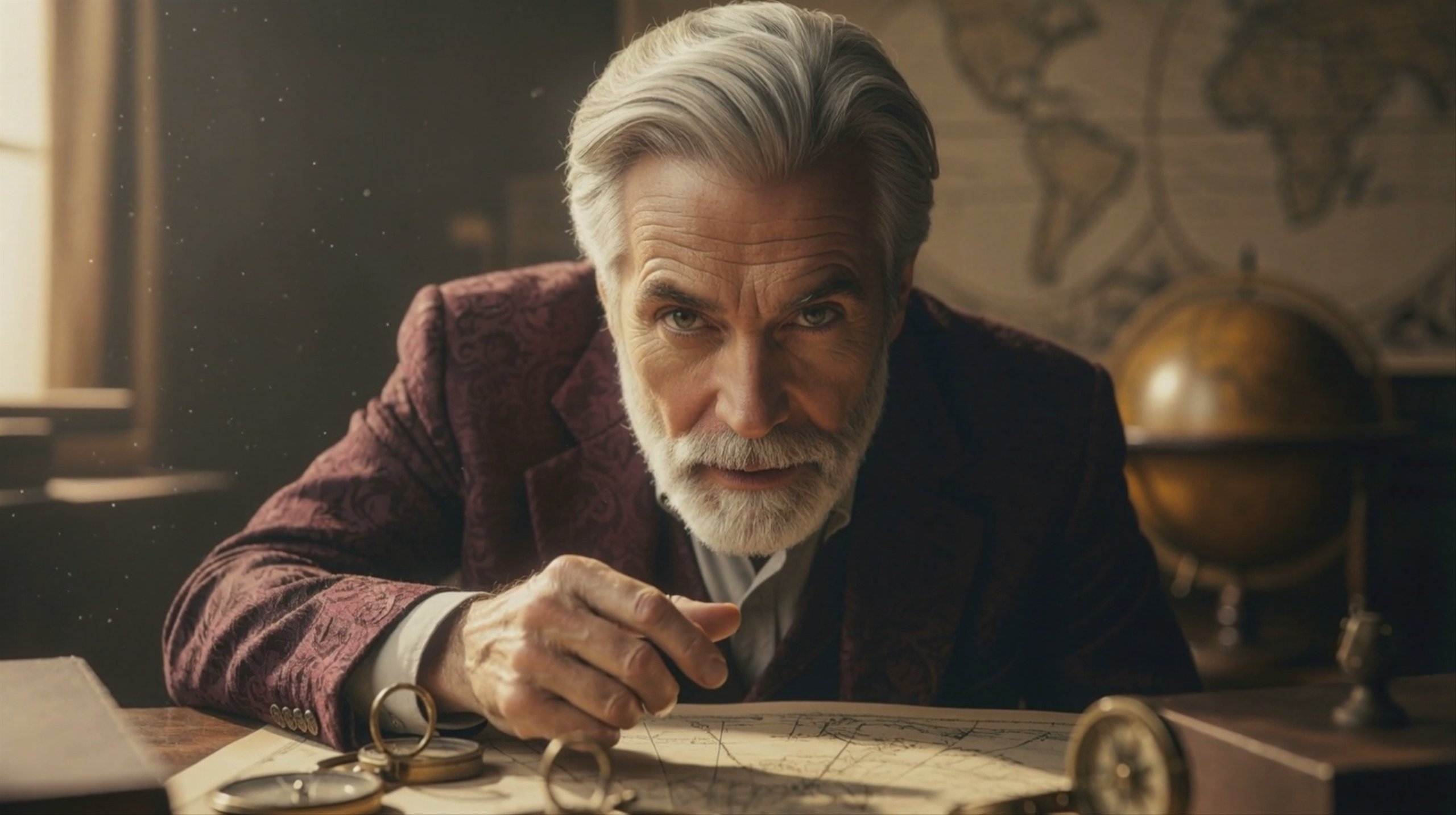 First frame of a 10-second video generated using Kling 2.5 Turbo at 1924x1076 resolution. An elderly, silver-haired scholar wearing a dark red blazer leans over a wooden desk covered in old maps and brass compasses. In the background, a globe and a faded map of the world are visible under warm, dusty light.