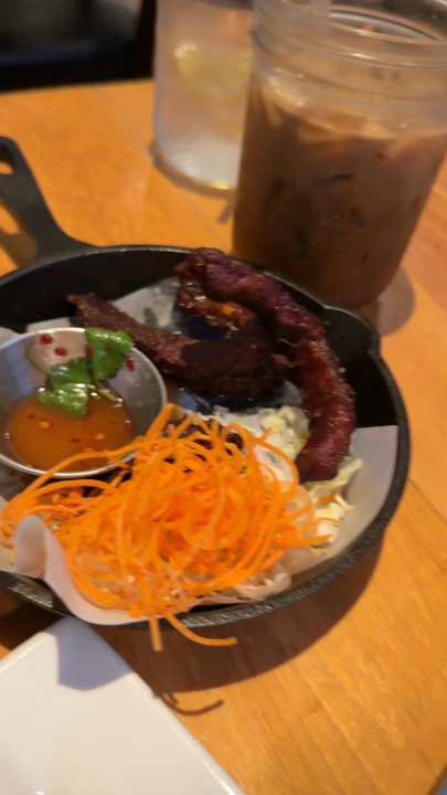 KIIN Thai Eatery - Left to right: beef jerky, chicken pad Thai, weeping tiger, and papaya salad - Thai Near Me - Burbank, California