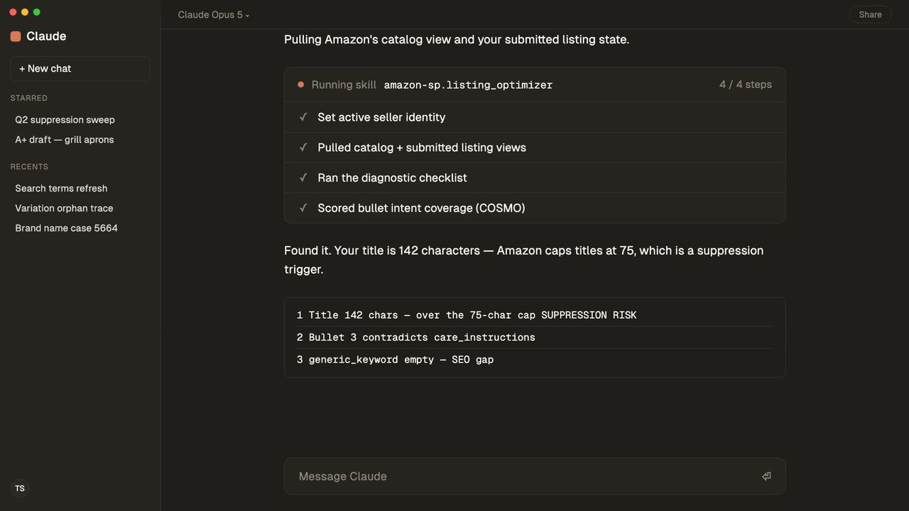Claude Desktop running an Amazon SP-API listing audit over MCP