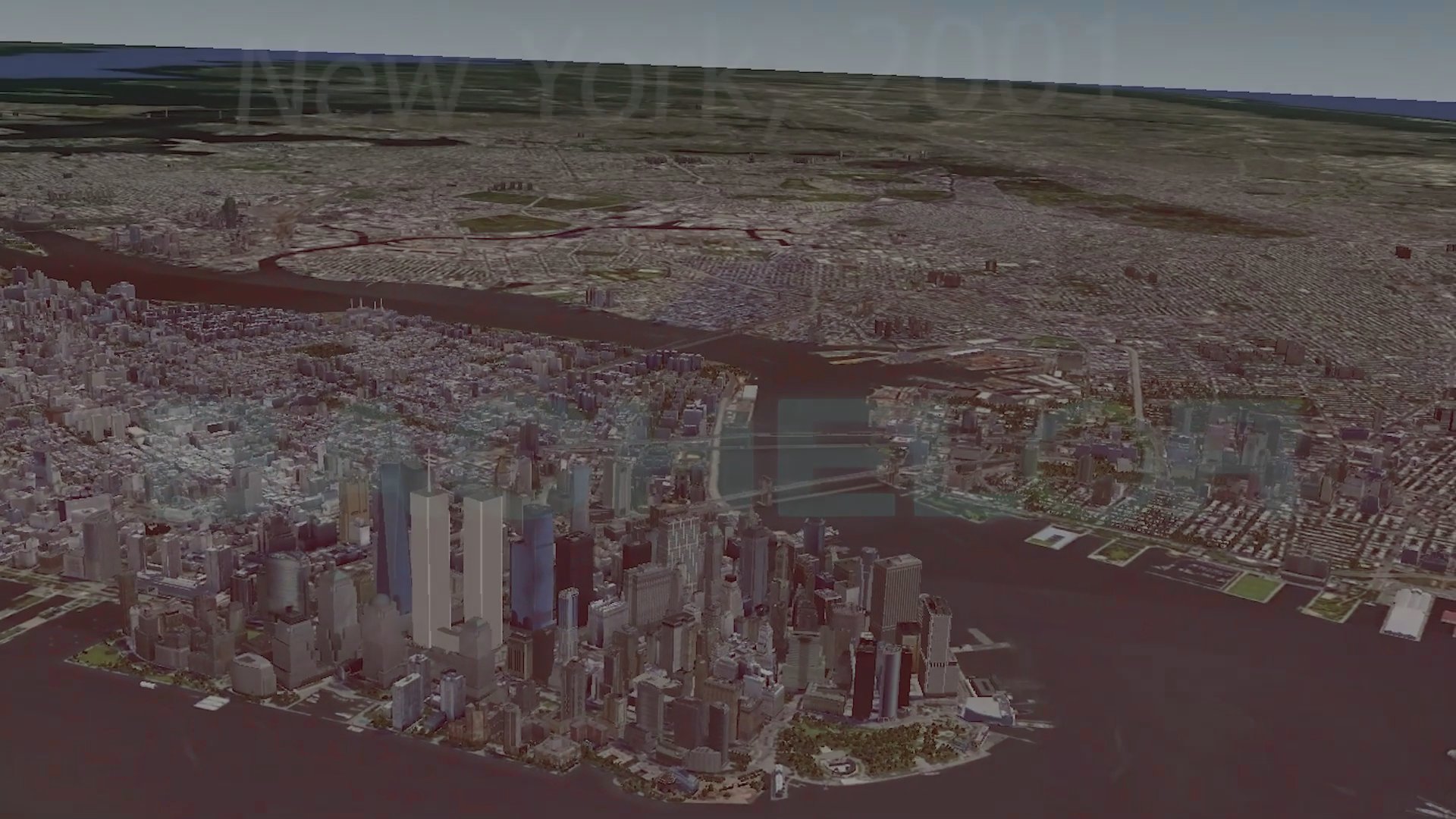 A stylised motion graphic transitions from The Bachelor logo to an aerial perspective of New York City as it appeared in 2001.