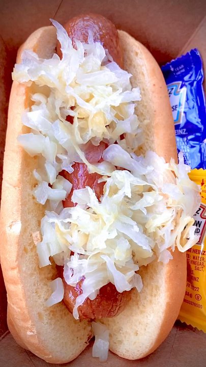 Maverik Adventure's First Stop - Hot dog with onions snd sauerkraut plus packets of mayo & mustard on the side - Gas Stations Near Me - Sparks, Nevada