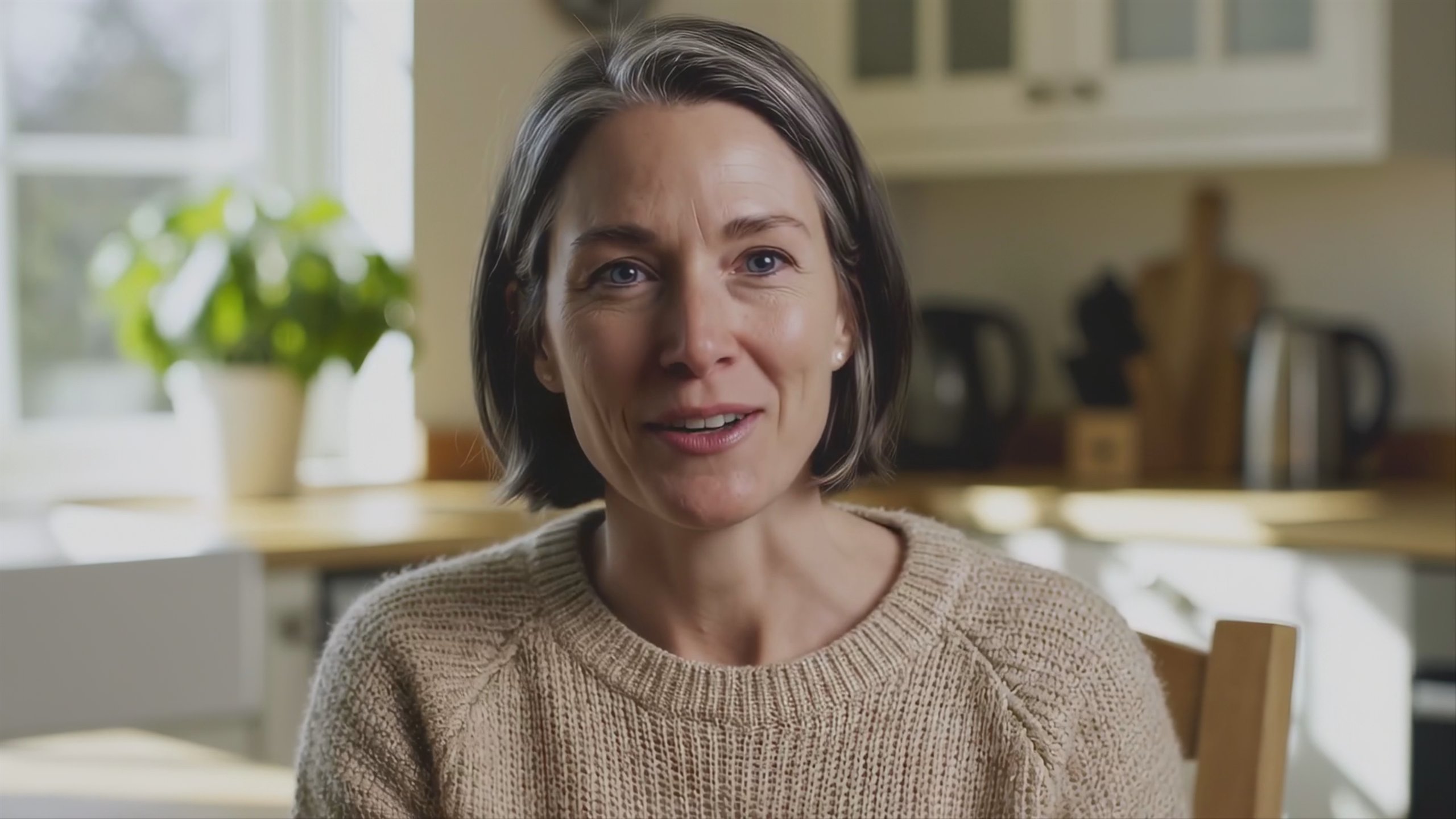 The same woman speaking Spanish in her own cloned voice — a woman in her forties at a kitchen table, speaking to camera