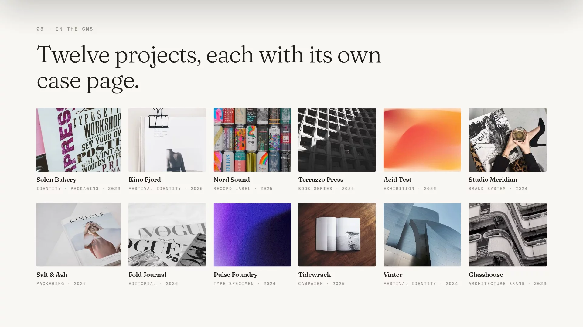 Quire is live.A portfolio template where the homepage is a wall of pictures and almost no words.Move the cursor and the wall parts around it. Whatever ends up in the gap is promoted into a card carrying its title. Click, and the wall pans so that project travels to the centre and opens in place — you never leave the hero to browse.quire.framer.website