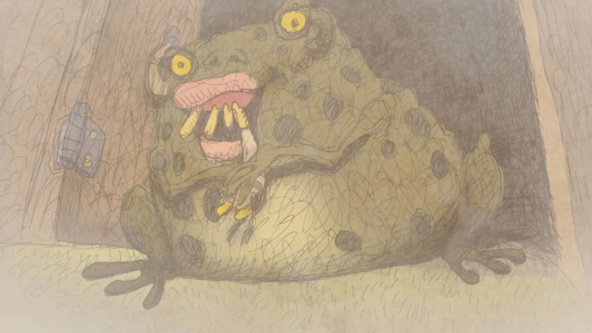 A small duck encounters a large, expressive frog before transitioning to a vibrant scene featuring ducks relaxing at a pond. This animated sequence blends surreal character interactions with moments of leisure in a stylized environment.