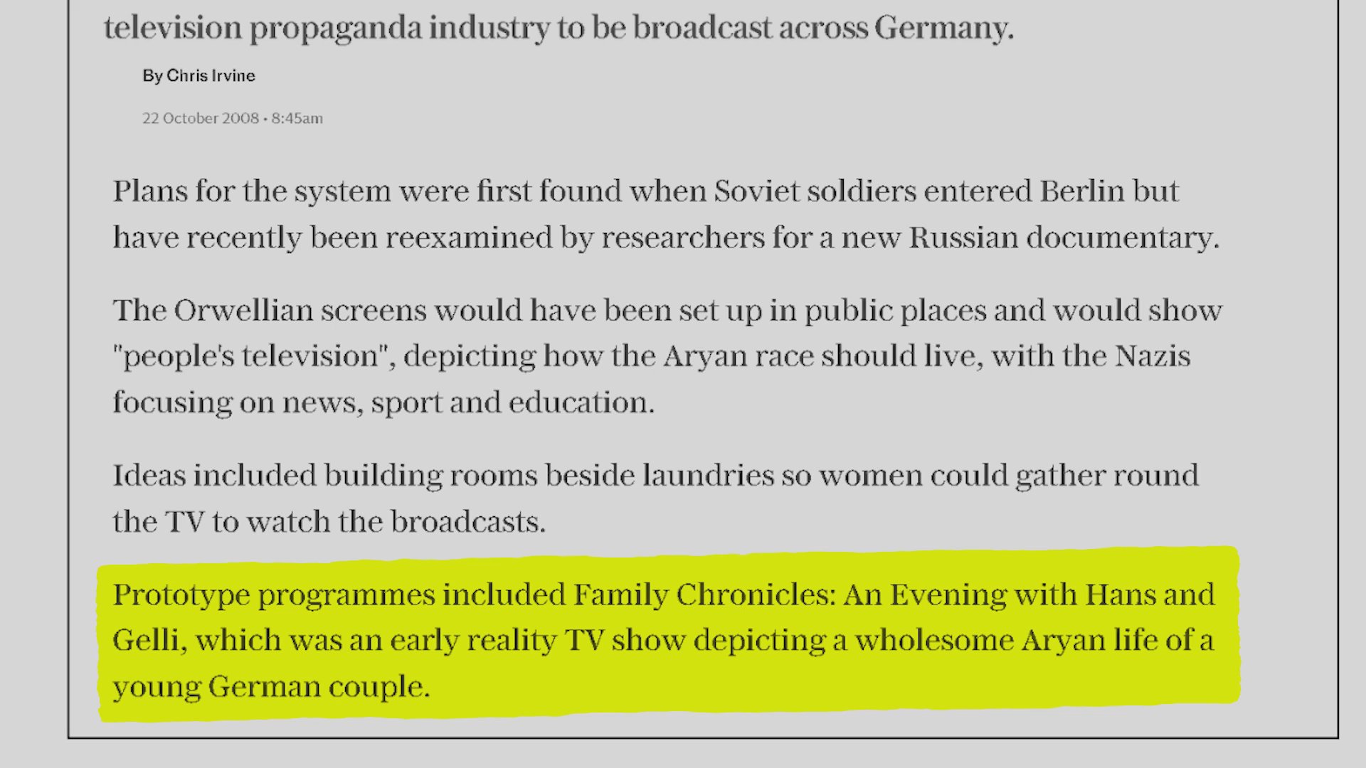 An article from The Telegraph outlines historical plans by Nazi Germany to implement a large-scale propaganda television network. The text details the conceptual framework for public viewing and the creation of early reality television programming to promote Aryan ideology.