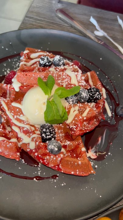 The Brunch House - Red velvet waffle with syrup pour! - Breakfast & Brunch Near Me - Temecula, California