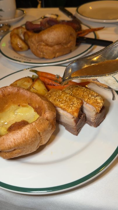 Dingles Public House - Crispy Skin Duroc Pork Belly, Yorkshire Pudding, Roast Potatoes, Honey Glazed Carrots, Cauliflower Cheese, Mustard Gravy, Apple Sauce - Gastropubs Near Me - San Francisco, California
