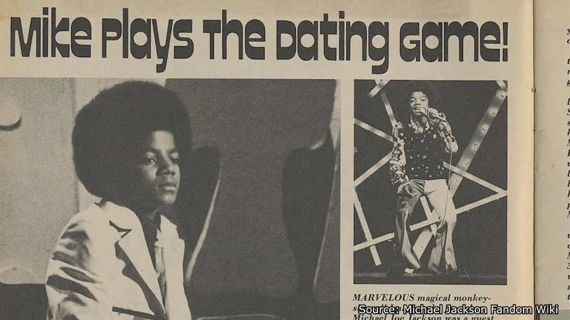 Michael Jackson appears in television footage documenting his past participation on The Dating Game, accompanied by archival press clippings.