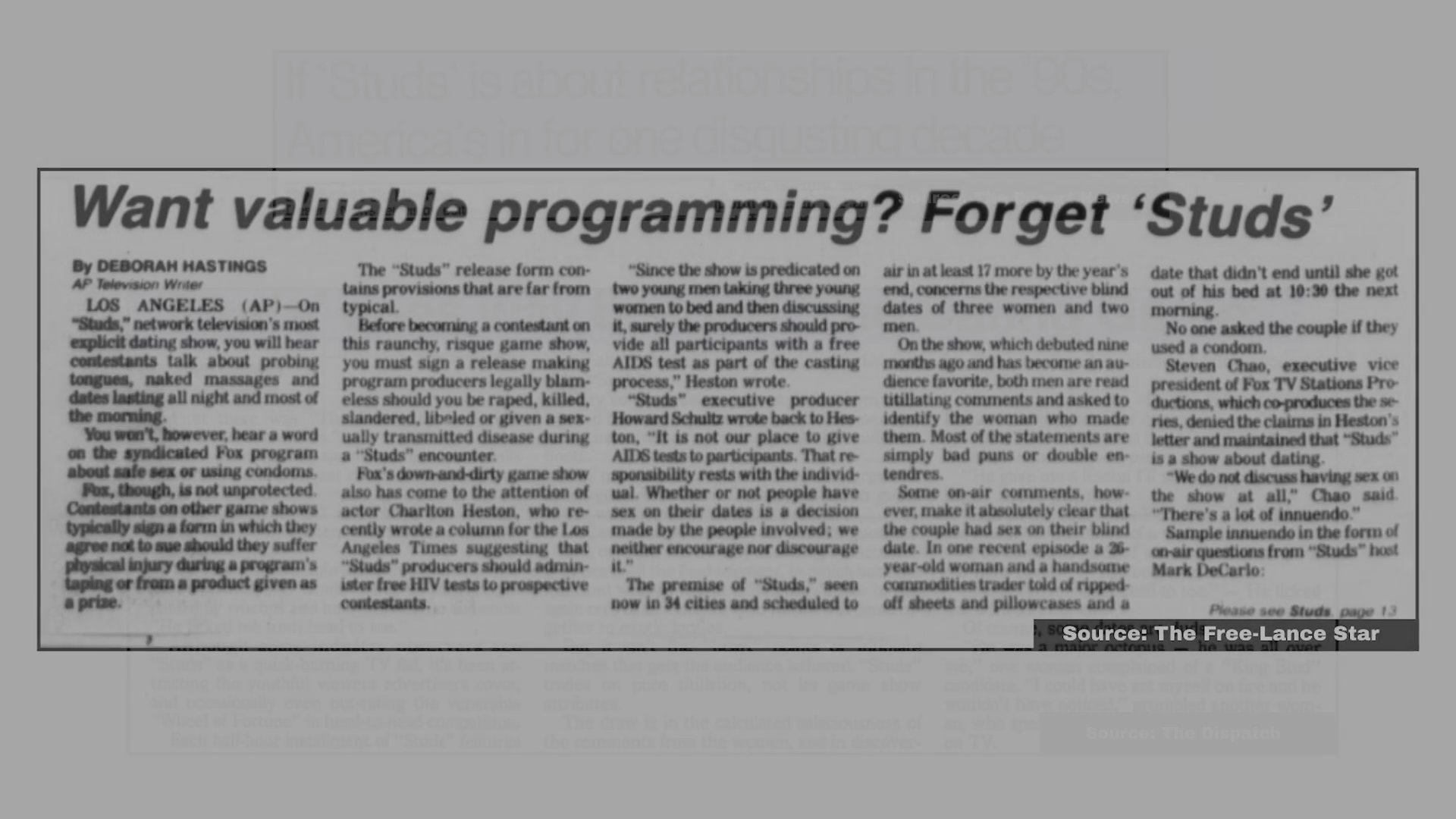 Excerpts from newspaper articles critique the content and cultural impact of 1990s television dating shows like 'Studs' and 'The Dating Game.' These archival clippings offer a critical examination of the era's televised relationship dynamics.