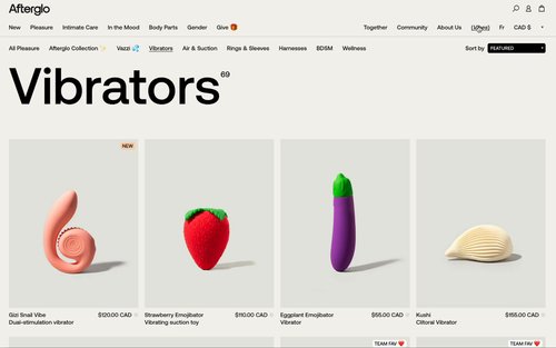 Afterglo shop page showing a grid of colorful vibrator products under the Vibrators heading