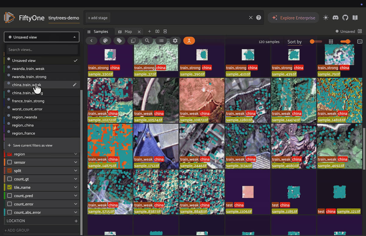 Flipping between expert annotations and noisy CHM-derived pseudolabels on the same TinyTrees tiles in FiftyOne.