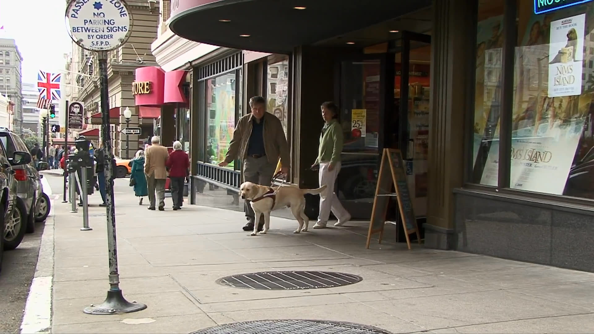 A man accompanied by his yellow Labrador guide dog navigates an escalator and city sidewalk. The pair demonstrates coordinated movement in a public urban setting.