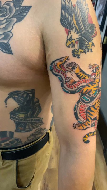 War Horse Tattoo - Tiger vs Snake. - Tattoo Near Me - Berkeley, California
