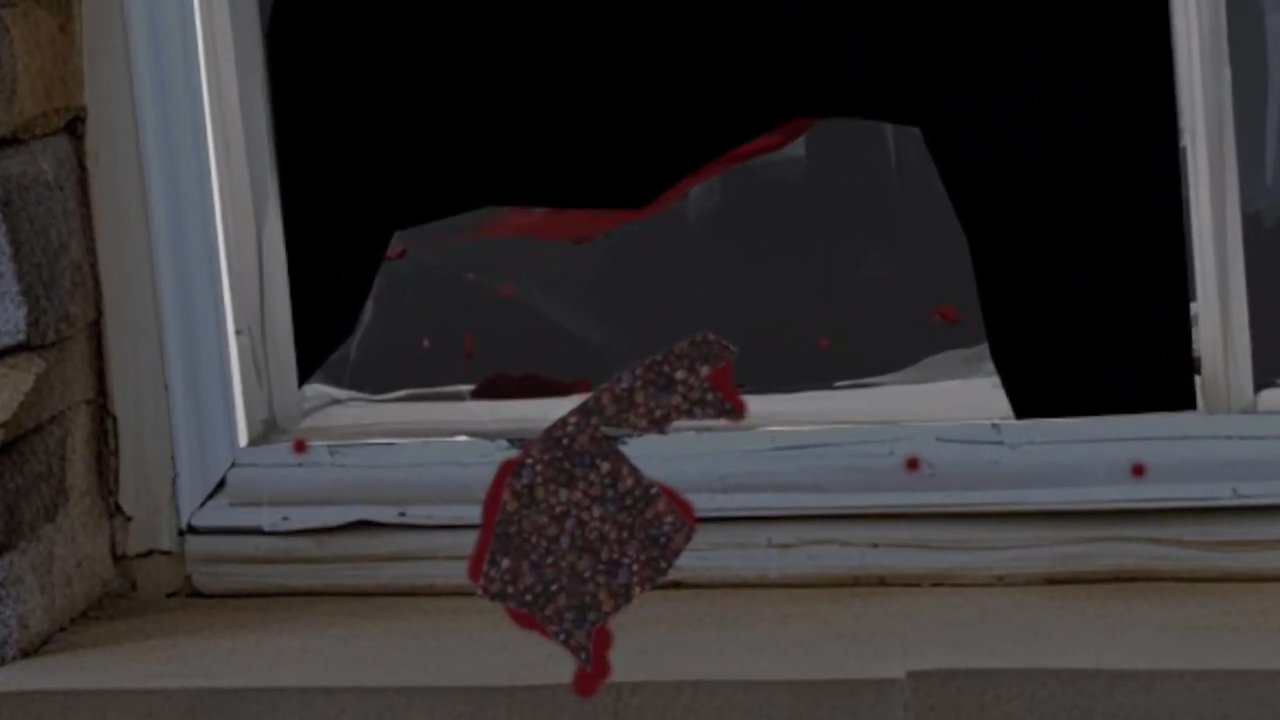 Investigators document a crime scene featuring several figures on the ground, transitioning to a close-up analysis of a shattered window and a surveillance footage perspective at night.