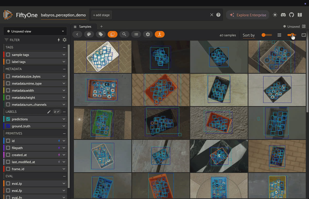  FiftyOne App grid view of a BabyROS bin-picking dataset with 2D bounding box detections across 40 samples.