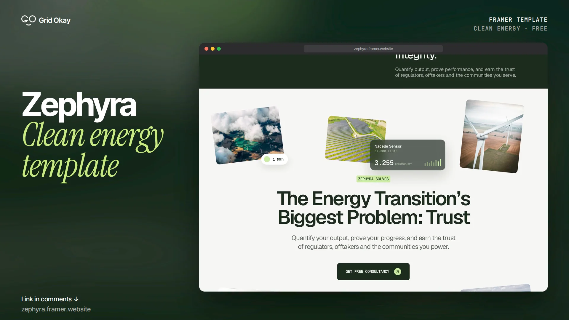 Zephyra is live and free to remix 🌱Built for renewable-energy and climate-tech brands: floating-island hero with mouse parallax, pinned scroll story, looping data readouts, 15 pages and CMS for solutions, case studies and insights.Template page: https://gridokay.framer.website/templates/zephyraLive preview: https://zephyra.framer.website/#framer #framertemplate #climatetech #webdesign