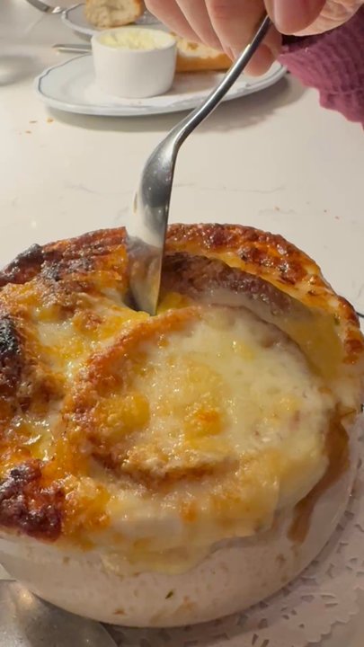 Augie's French - This is how you dig into Onion Soup Gratinée - French Near Me - Santa Rosa, California