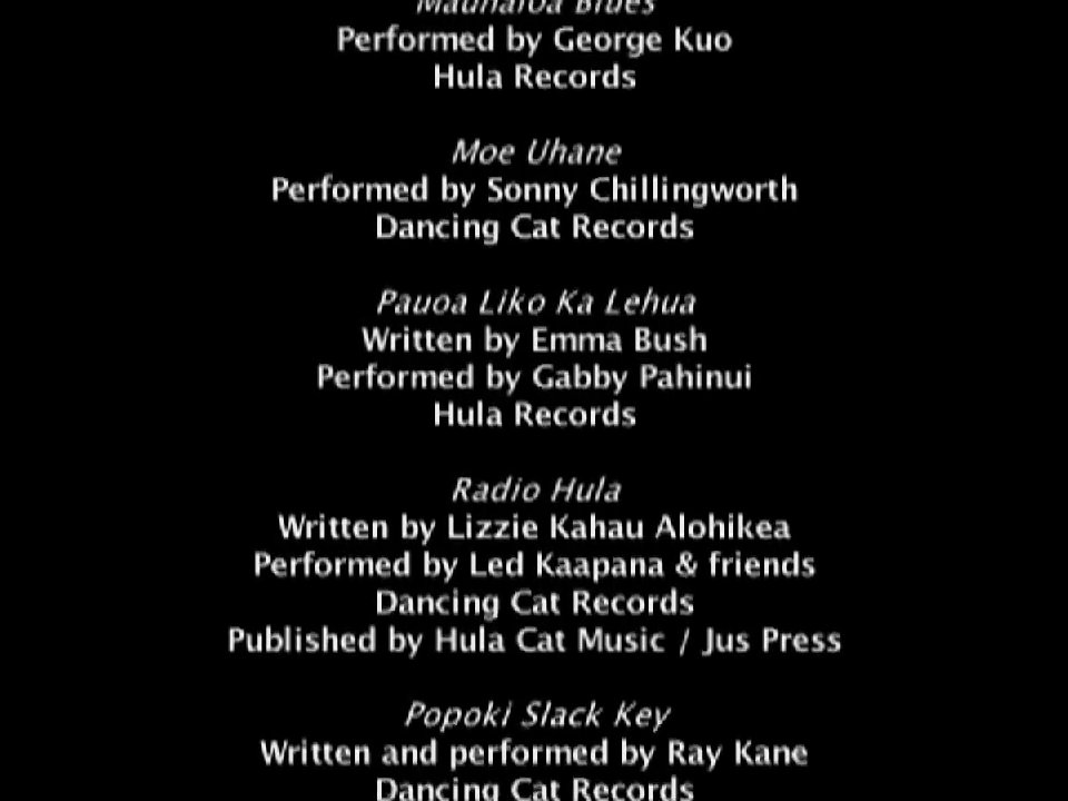 Scrolling text displays a comprehensive list of musical works, performers, and publishing information for a production soundtrack. The sequence provides formal attribution for the various tracks utilized throughout the project.