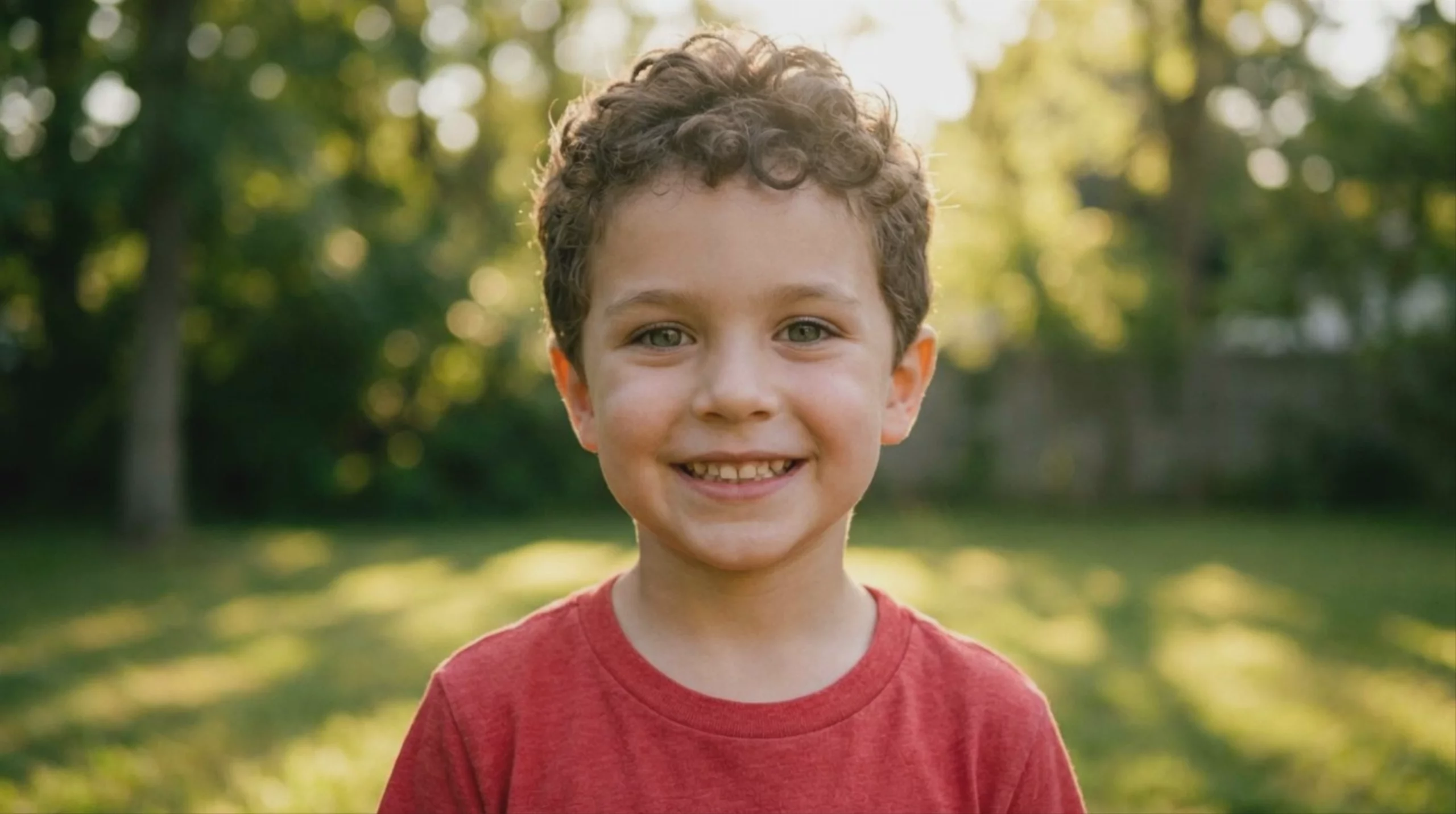 A close-up shot of a young boy with curly brown hair smiling warmly in a red t-shirt. The background is a soft, out-of-focus green lawn with golden sunlight filtering through trees. This 1924x1076 resolution video first frame was generated using Kling O3 Pro.