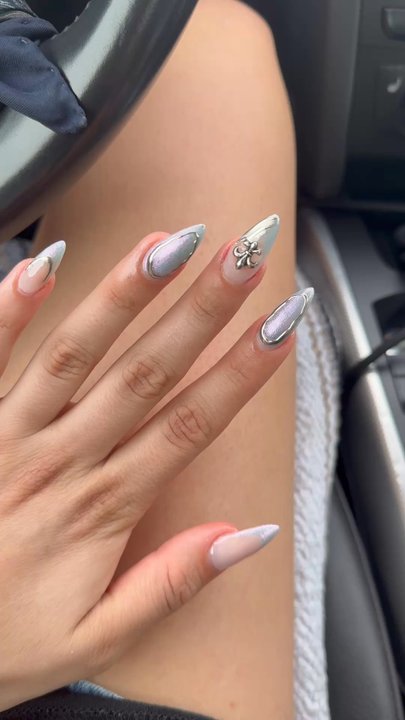 Lush Nails - Full set acrylic fill. chrome powder, charm, blue sparkly polish w building gel for the lifted design. - Nail Salons Near Me - Plymouth, Minnesota