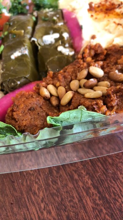 Waffa's Kitchen - Cold Mixed Mezza Plate (Left to right) [Tabbouleh, Mutabal Dip, Vegetable Grape Leaves ( Dulma), Hummus Dip, Muhamara Spread - Mediterranean Near Me - Glendora, California