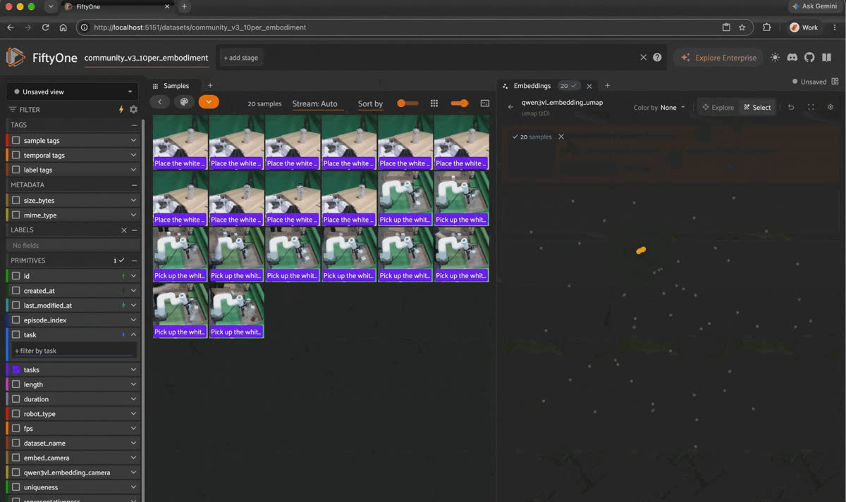 Filtering LeRobot episodes by task in the FiftyOne App sidebar and lasso-selecting points in the Embeddings panel to show the matching episodes in the grid