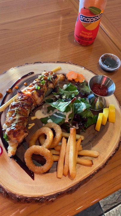 Rolling Rice - The Isabel Roll w/ a few extras.. fries, onion rings and a bit of salad. Fabulous!! You gotta try it!!! - Sushi Bars Near Me - Rancho Cucamonga, California