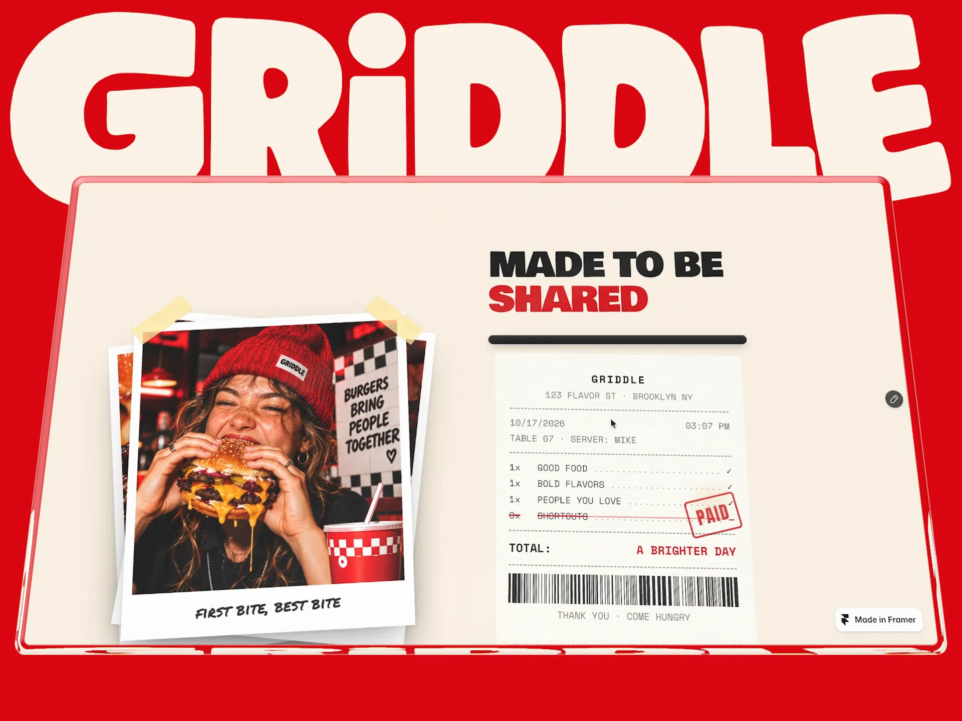 A few fresh refinements to GRIDDLE 🍔I’ve been polishing my free restaurant template built in Framer: fixing navigation, cleaning up footer links, and adding email validation and a confirmation state to the newsletter demo.The bold typography, red accents, and playful interactions are all staying.Here’s a quick walkthrough of the details. Would love to hear what you thinkhttps://framer.link/M9SMFqB
