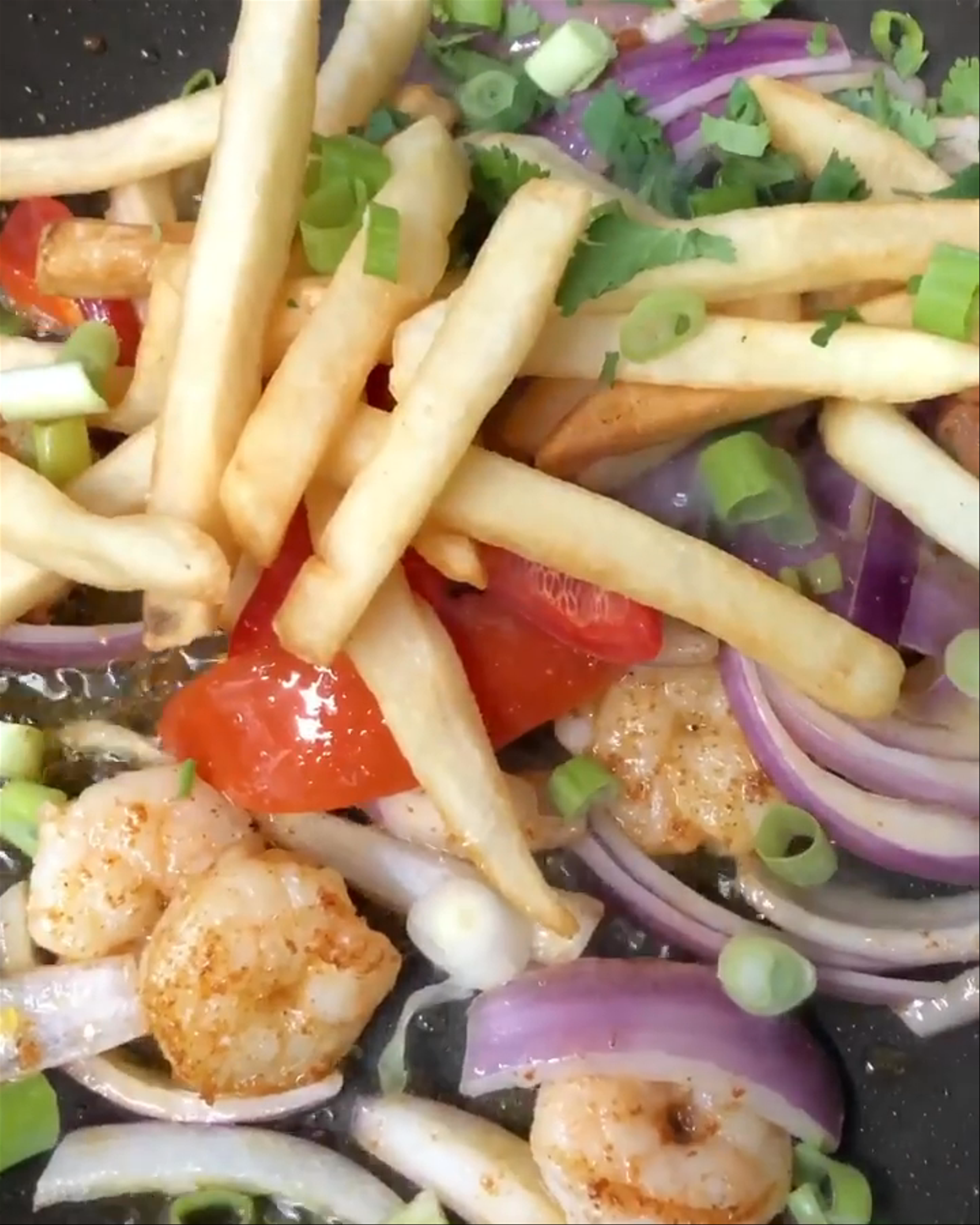 Saltado de Camarones dish at El Pollo Inka in Torrance