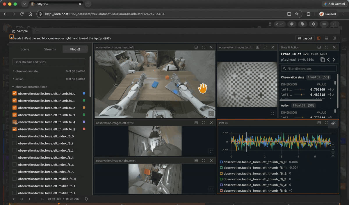 FiftyOne app playing a T-Rex bimanual episode on a Dexmate Vega-1, showing an RGB camera view beside a grayscale fingertip tactile stream and per-fingertip tactile force readings.