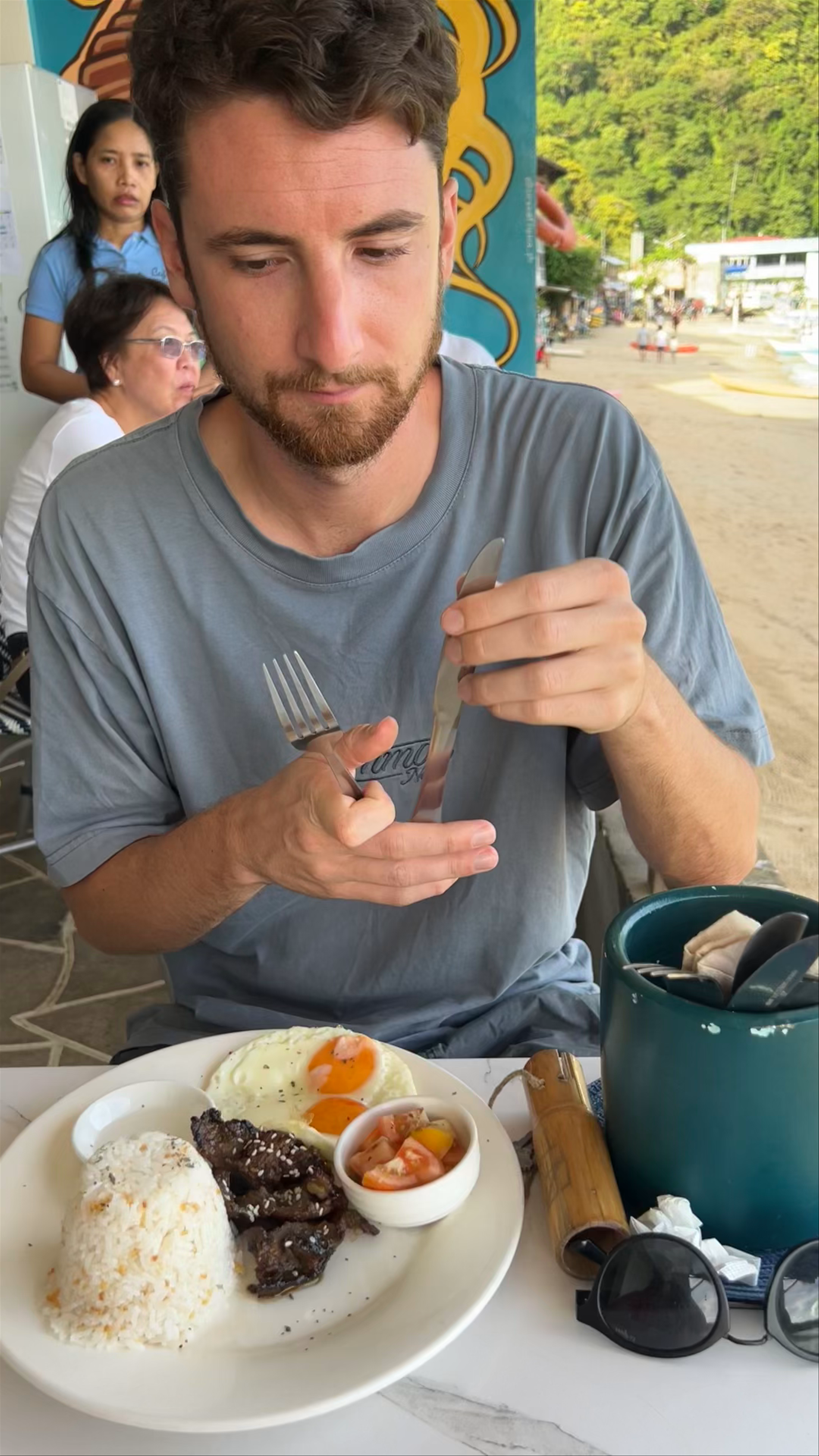 Local Filipino Breakfast with Stunning Beach Views at Happiness Beach Bar, El Nido