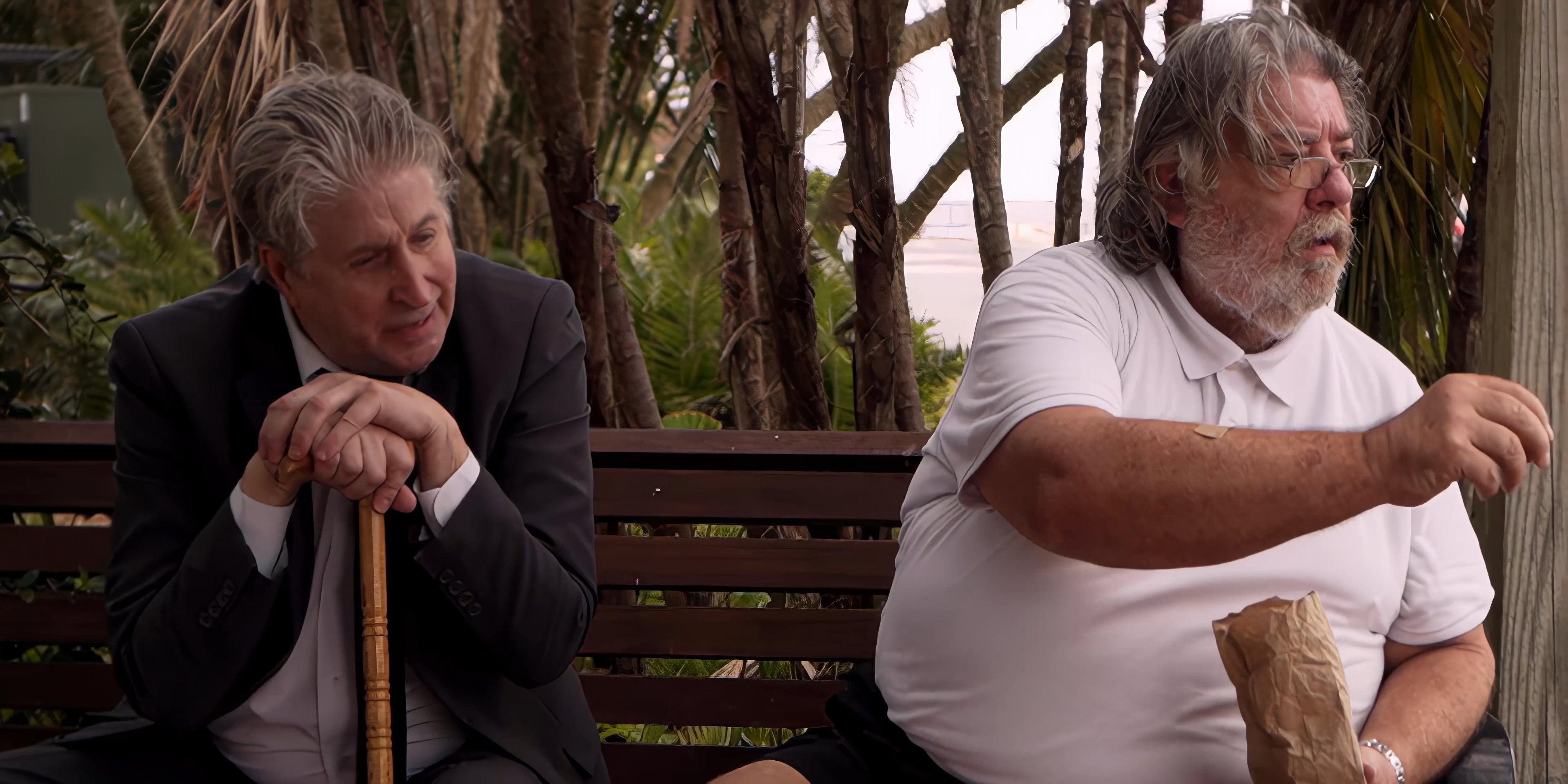 Two older men engage in an animated conversation while sitting together on an outdoor park bench, gesturing as they share a moment.