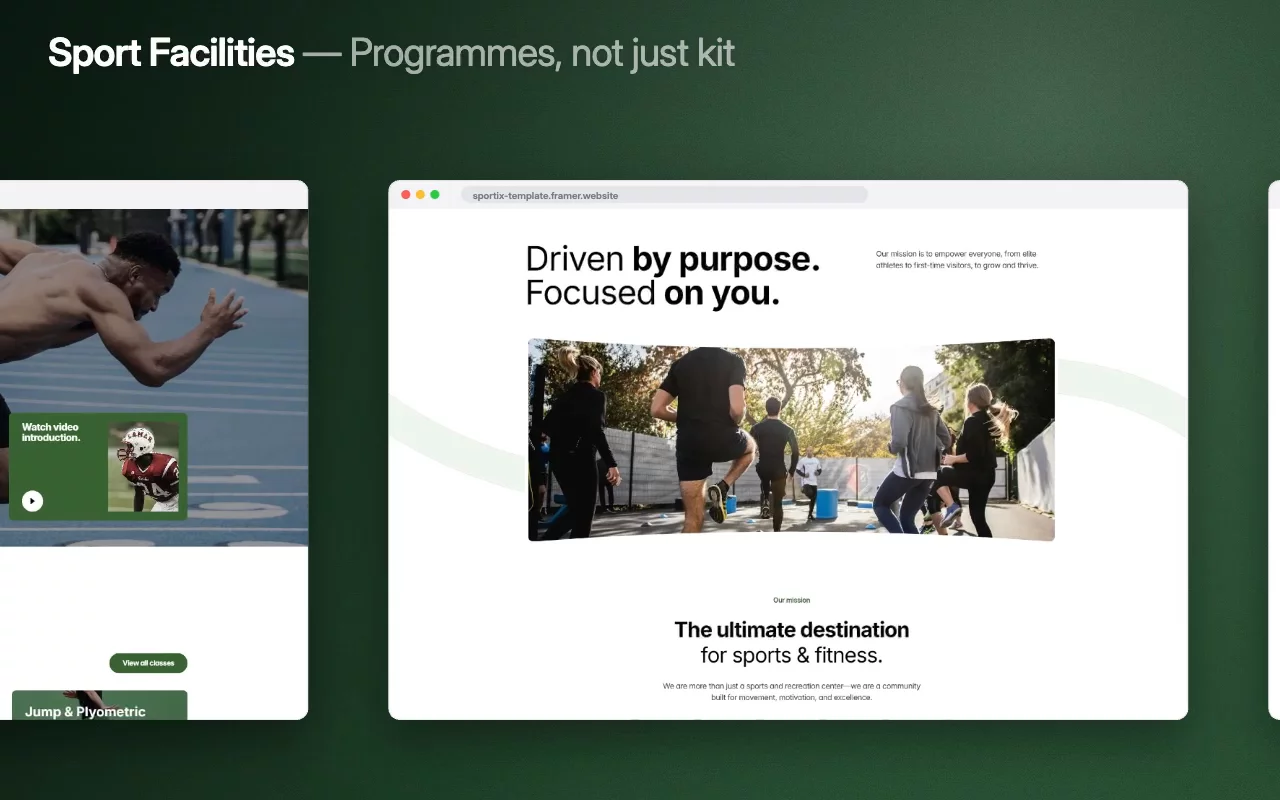 Sport Facilities names its training programmes instead of selling floor space — jump and plyometric work gets its own card, with a video introduction.Driven by purpose, focused on you, then the community section. The ultimate destination for sports and fitness has to show the fitness part.Live preview → https://sportix-template.framer.website/Start building with Sport Facilities →#framer #framertemplate #framerexpert #webdesign #nocode #sportsfacility #gym #membership #fitness