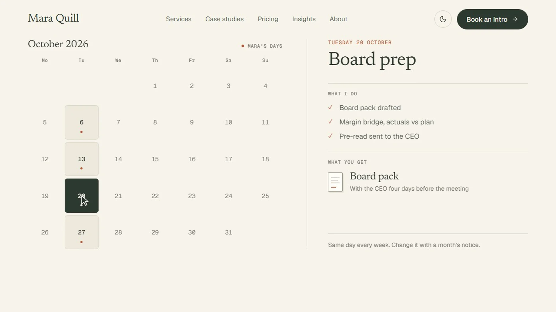 📅 One section I haven't seen on other consulting templates: a month calendar for fractional work. The advisor's fixed day each week is marked; tap a day to see what happens and what the client receives. It's all component properties, so you set your own days. Part of Daybook (free): https://daybook-template.framer.website
