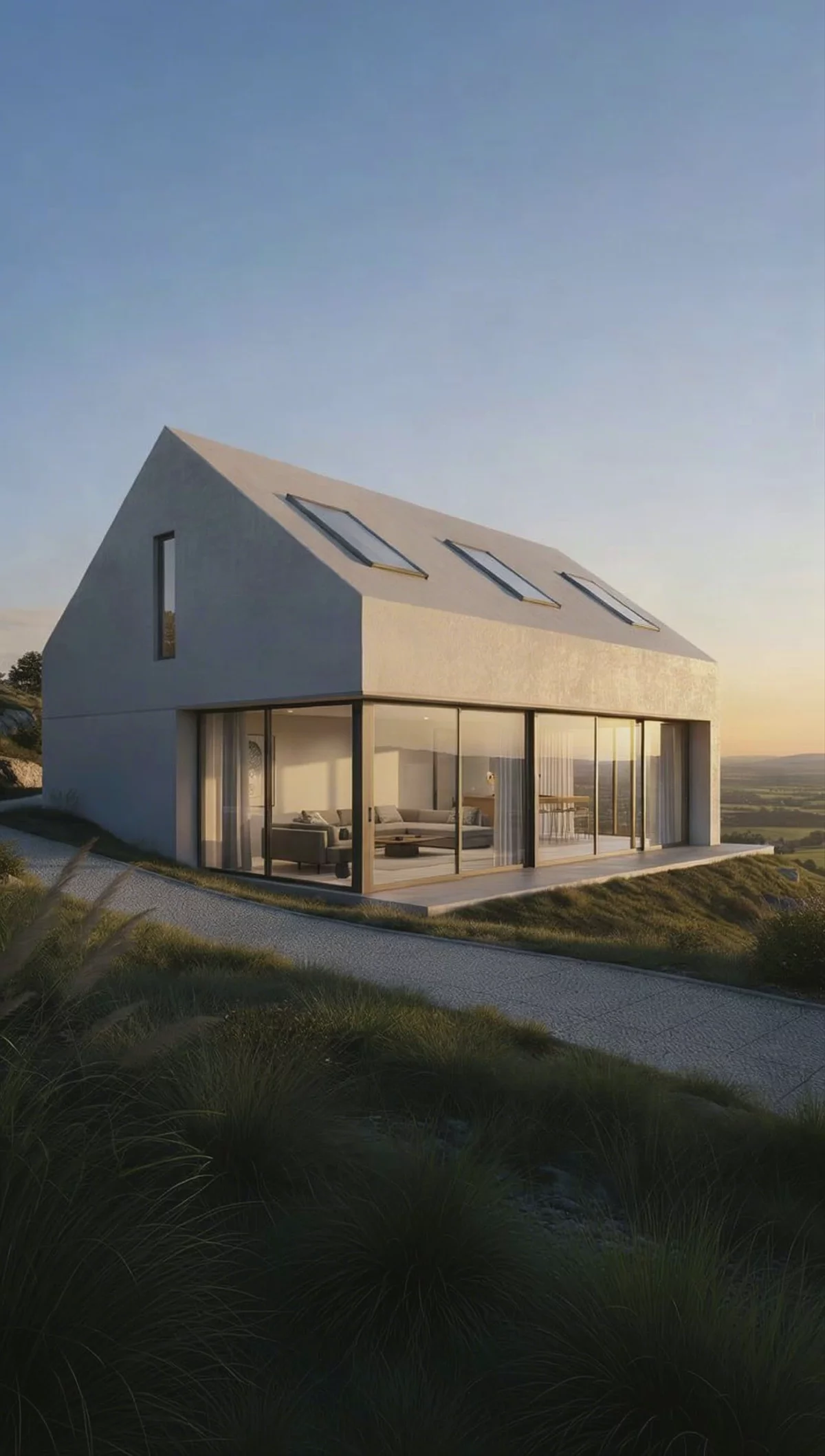 An aerial pass around a white gabled house with a glazed corner, on a grass hillside at golden hour