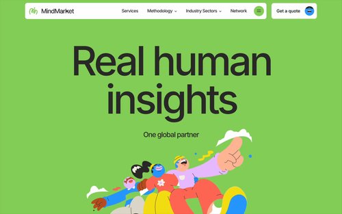 MindMarket homepage hero on a bright green background with the headline Real human insights