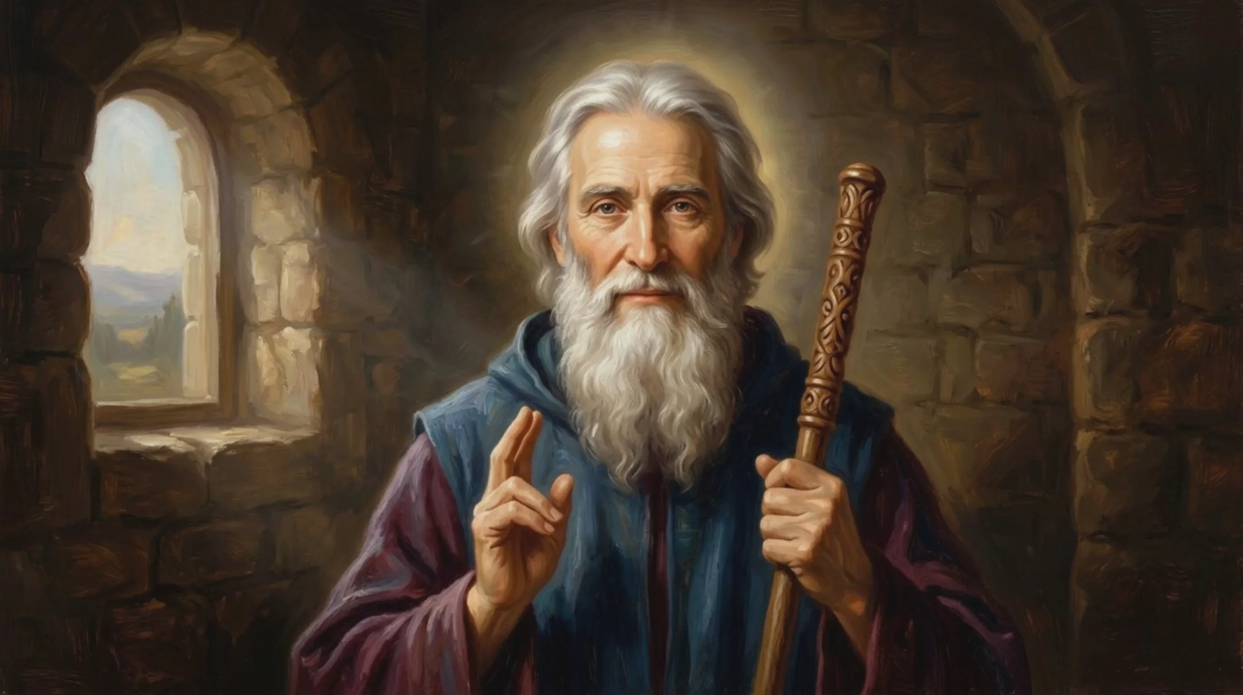 A classical painting of an elderly saint with a long white beard and hair, wearing blue and purple robes inside a stone room. He holds an ornate wooden staff and gestures with his right hand. A stone arch window shows a distant landscape. Generated using Kling V3 Pro at 1924x1076 resolution.
