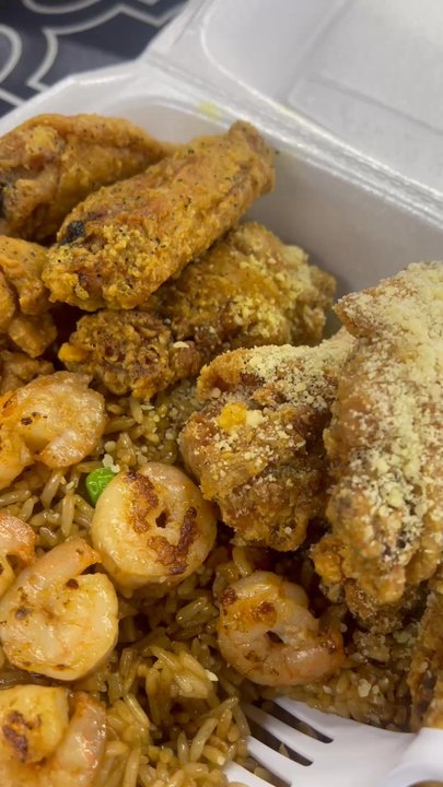 K Bistro - Shrimp fried rice and garlic Parmesan wings - Korean Near Me - Houston, Texas