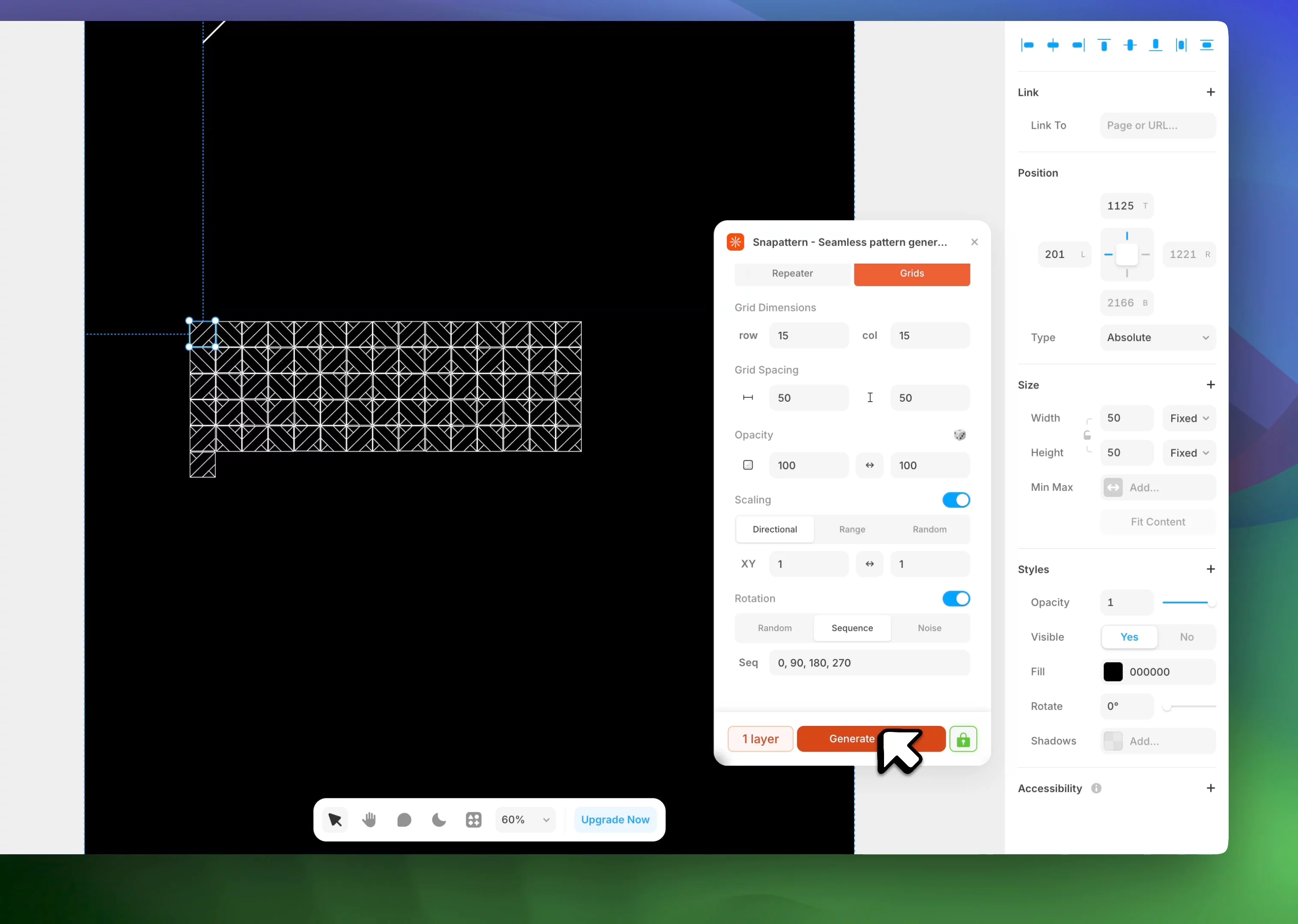 Does anyone else spend way too long faking patterns by manually duplicating layers in framer 😭So i built snapattern, a simple plugin that can help you to create generative patterns at ease. select any layer (shape, text, icon, image, frame, anything) and turn it into a generative pattern in a few clicks.here’s what it does: > repeat + grid based patterns > works on components/instances too > opacity range for layering depth > rotation for circular effects > scale range to add variationLink : https://www.framer.com/community/marketplace/plugins/snapattern-seamless-pattern-generator/free to try (10 generations), unlimited is the price of a coffee.would love to hear your thoughts 🫡