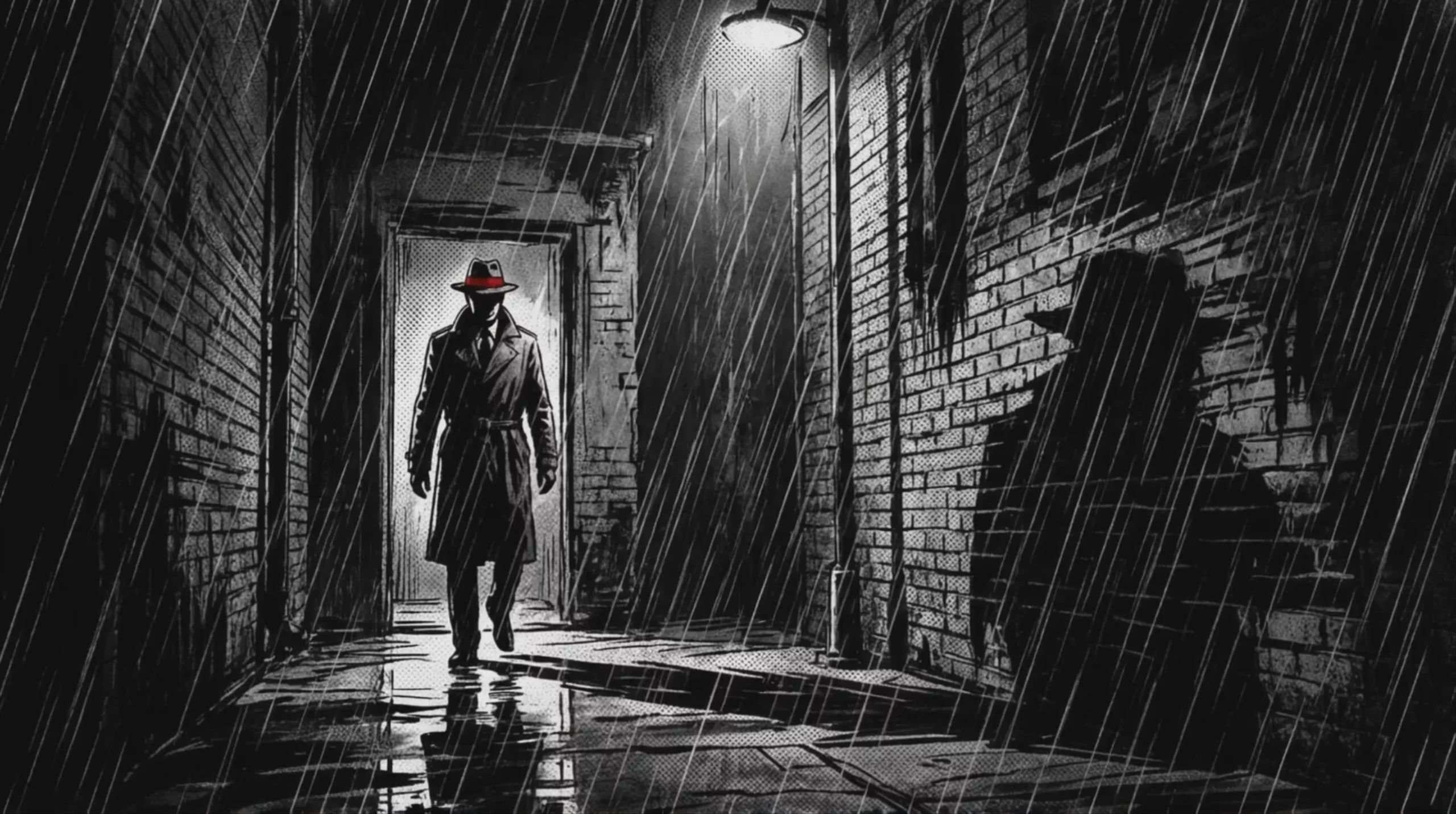 A black and white graphic novel style scene showing a detective in a trench coat and a red-banded fedora walking down a dark, wet alleyway in heavy rain. A shadow of another figure looms on a brick wall. This video frame was generated at 1924x1076 resolution using Kling 2.1 Master.