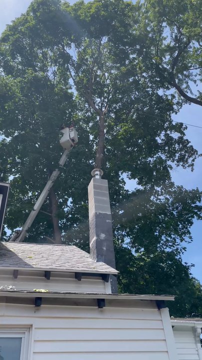 Johnny's Landscaping And Tree Service - This was so close to the roof in the chimney and they were so careful, and amazing at keeping it far away as it fell. - Tree Services Near Me - Johnston, Rhode Island