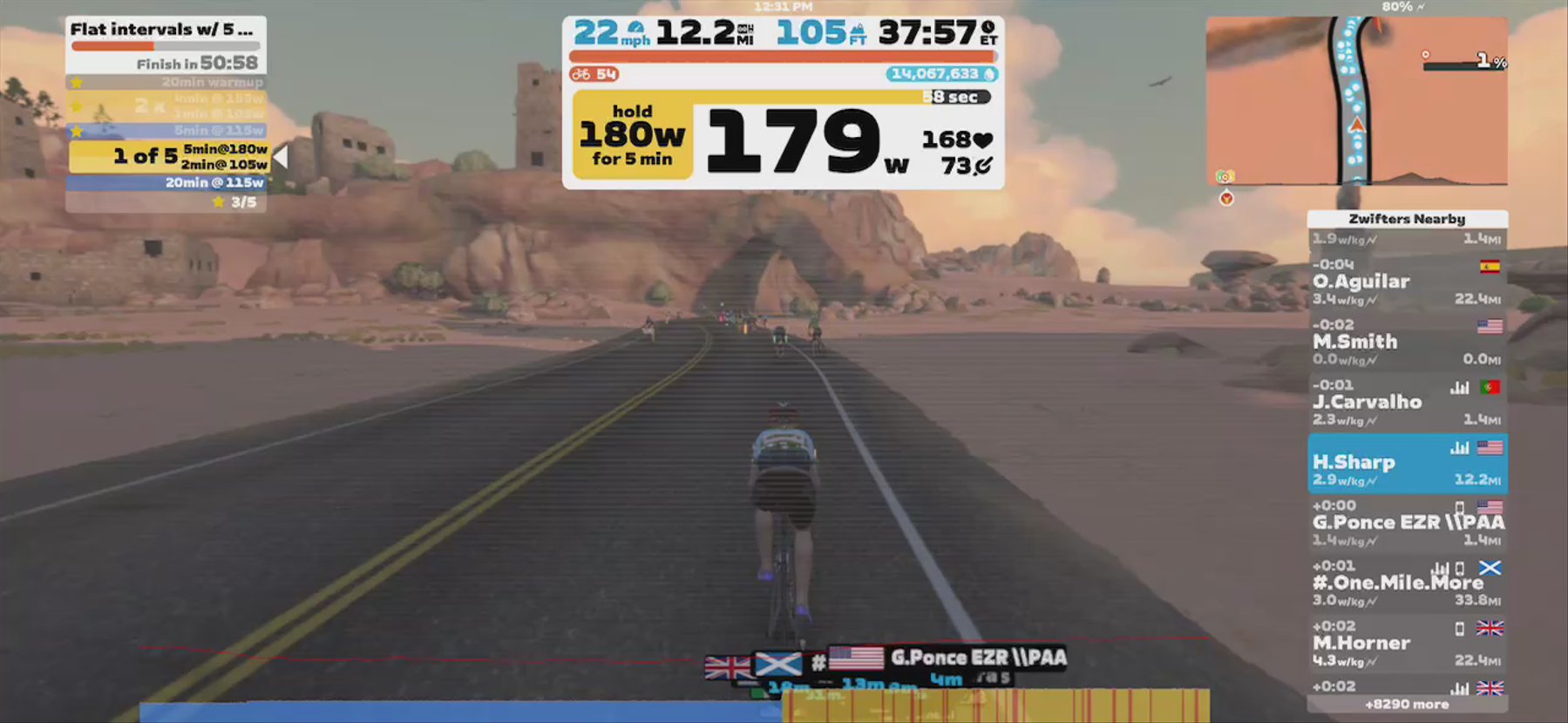 Zwift - Flat intervals w/ 5 x 5 min at threshold, phase I in Watopia