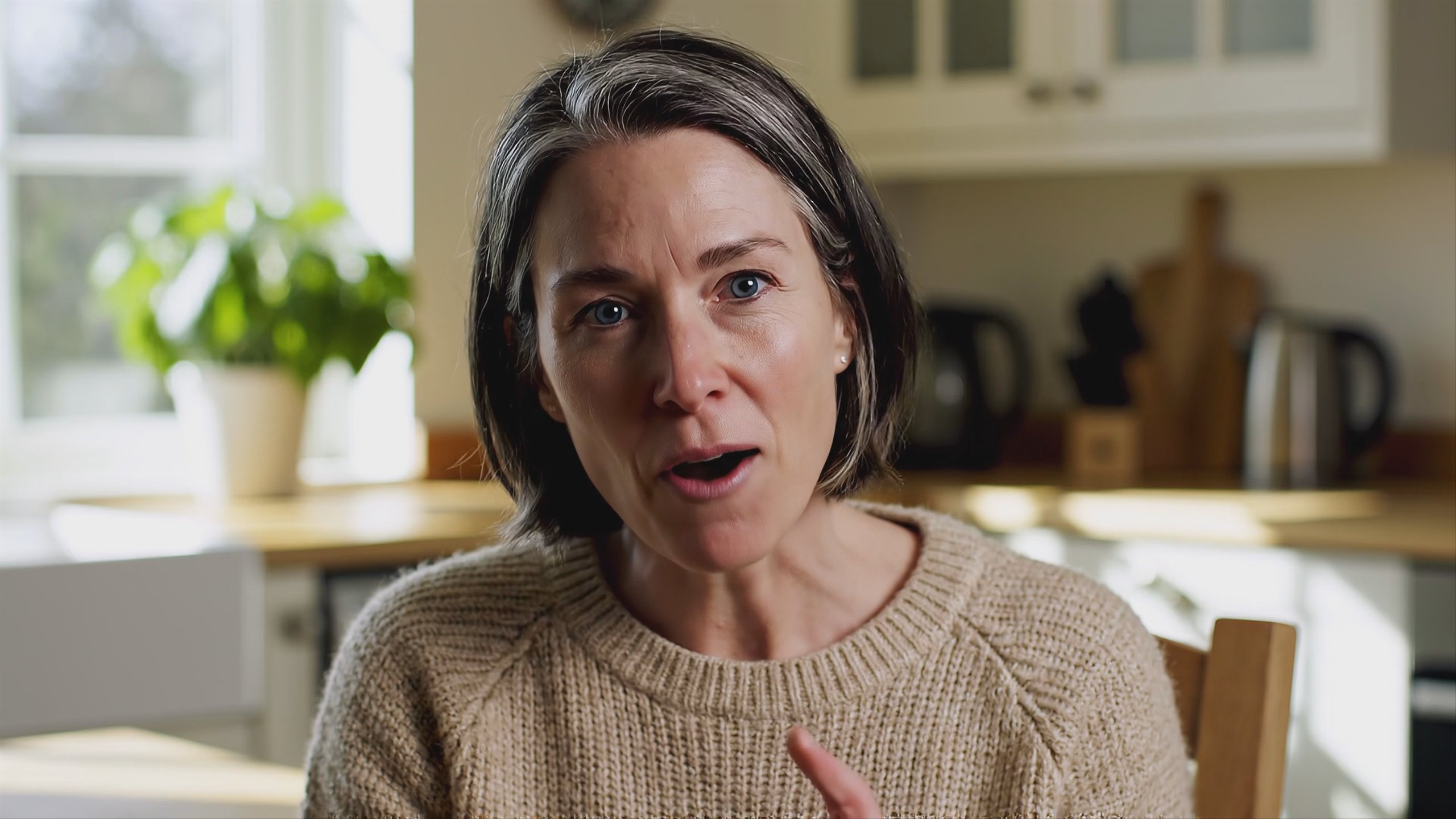 The eight-second recording that the whole page is built from — a woman in her forties at a kitchen table, speaking to camera
