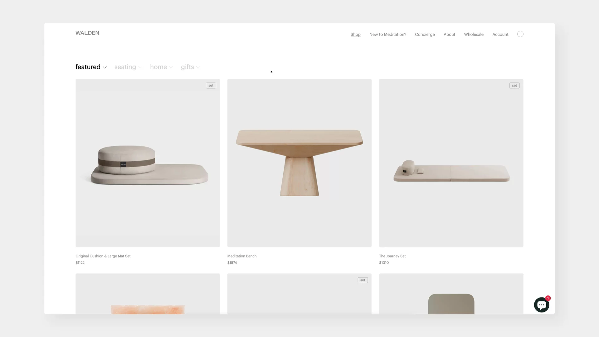 eCommerce homepage from Walden featuring a minimalist product grid with meditation seating sets and benches. The main navigation bar includes dropdown menus that expand on hover, revealing clean, lightweight subcategories like 'sets' and 'under $100'. The interaction is seamless and non-disruptive, enabling fast browsing while preserving the calm, spacious interface.