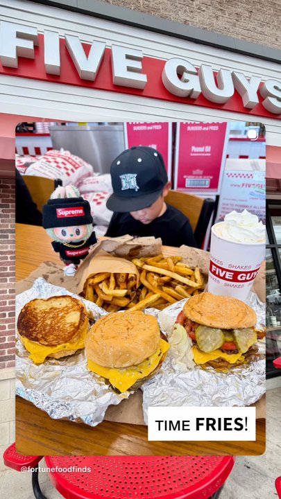 Five Guys - Grilled cheese $8.09 | little cheeseburger $10.49 | bacon cheeseburger $15.29 | regular fries $7.79 | pb milkshake $7.79 - Burgers Near Me - Aiea, Hawaii
