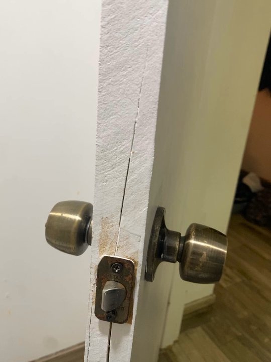Motel 6 - Bathroom room door that looks like somebody kicked it in - Hotels Near Me - Starke, Florida