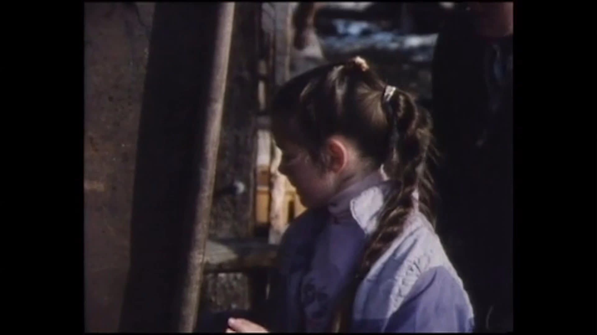 A girl works beside a cow held in a wooden cattle chute while an adult guides her and a rancher adjusts the rails. The outdoor corral and wintry surroundings frame the hands-on livestock work.