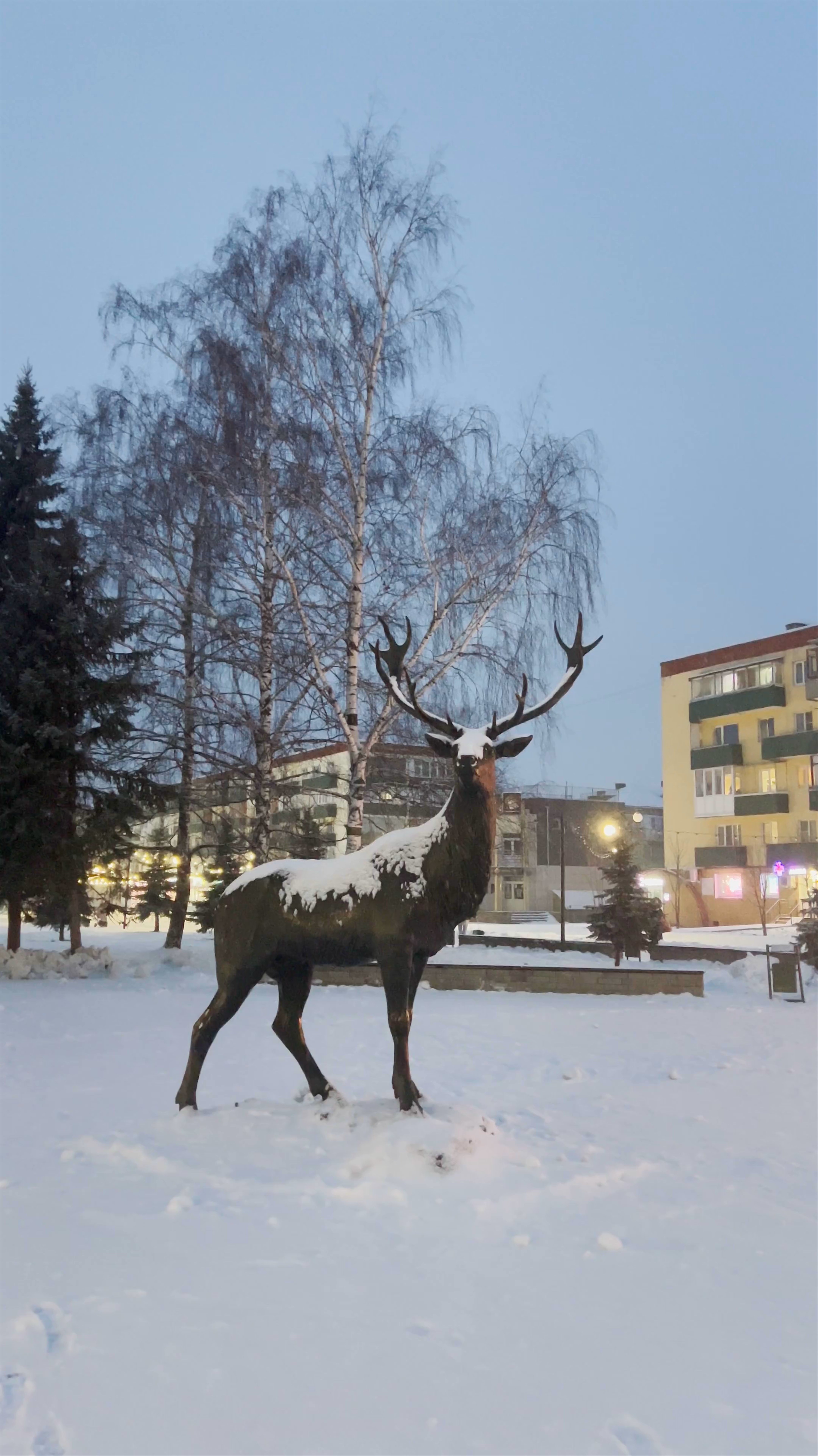 Snowy Evening at the Deer Statue Boulevard in Kstovo