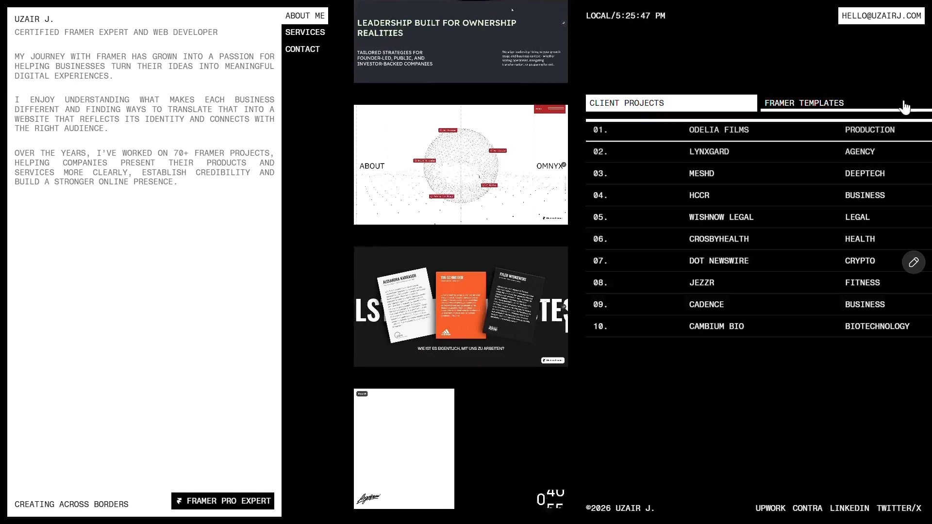 My portfolio, reimagined in @FramerThe goal was simple: bring everything together in one place, from client projects and case studies to Framer templates and project videos, while keeping the experience clean and easy to navigate.The entire portfolio fits within a strict 100vh viewport, so you can explore everything without scrolling.Would love to hear your thoughts and feedback!Portfolio link in the comments.