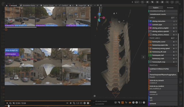 A single nine-second scenario in FiftyOne, with the 2x3 surround-camera montage playing beside the VGGT-Omega point cloud reconstructed from the front camera.
